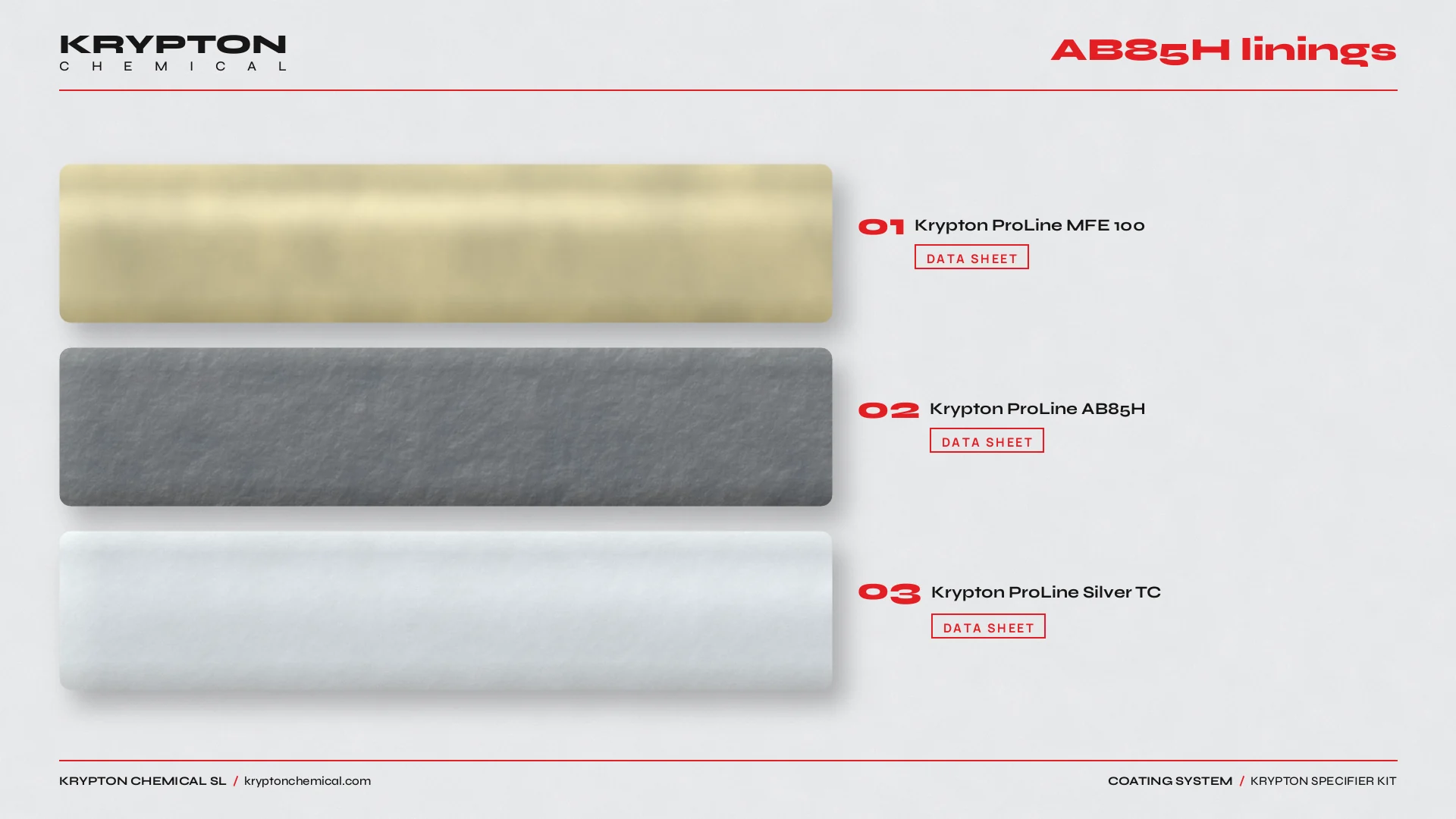Krypton specifier kit, Revestimientos AB85H: Krypton ProLine MFE 100, Krypton ProLine AB85H, Krypton ProLine Silver TC