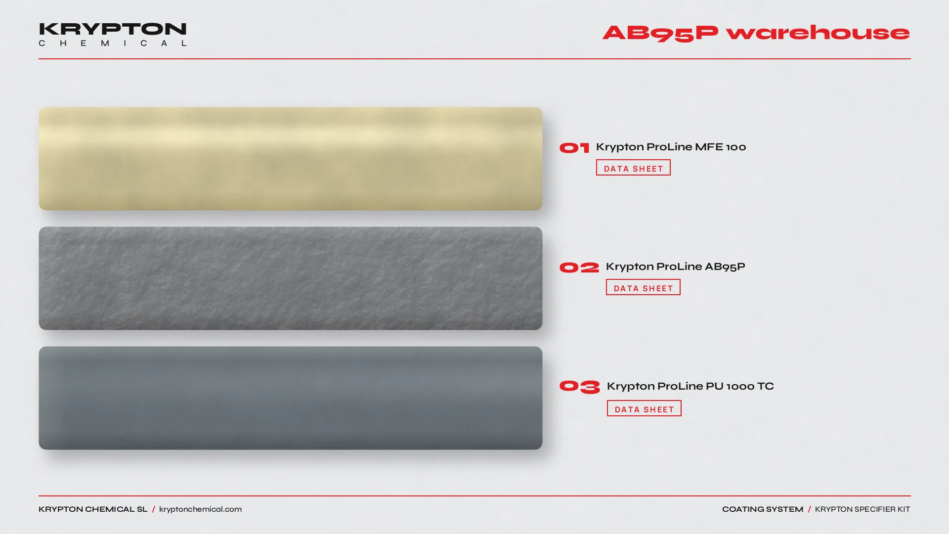 Krypton specifier kit, AB95P warehouse: Krypton ProLine MFE 100, Krypton ProLine AB95P, Krypton ProLine PU 1000 TC
