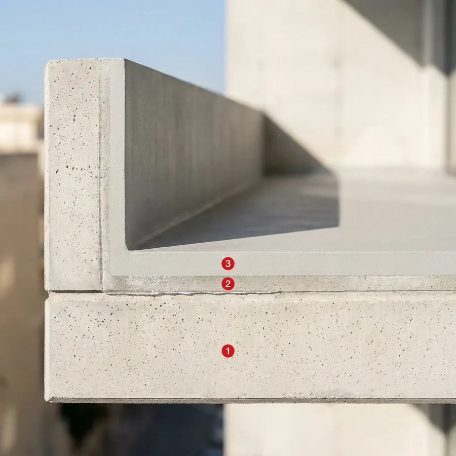 Cutaway of a concrete balcony ledge with Acrimper carbonation coating layers numbered 1 to 3 on floor and upstand