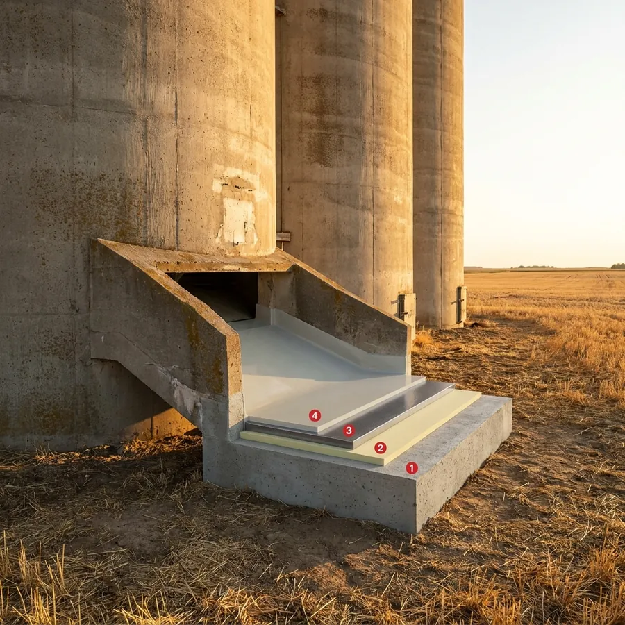 Agriculture and stockbreeding coating layers: Concrete substrate, Krypton ProLine PU AL Primer, Krypton ProLine AB95P, Krypton ProLine PU 1000TC
