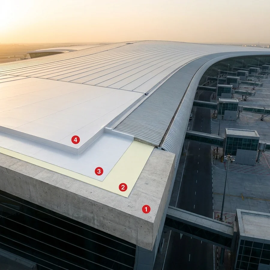 Airport roofs coating layers: Concrete deck / slab, Rayston Spray Primer 150, Polyurea Rayston, Colodur
