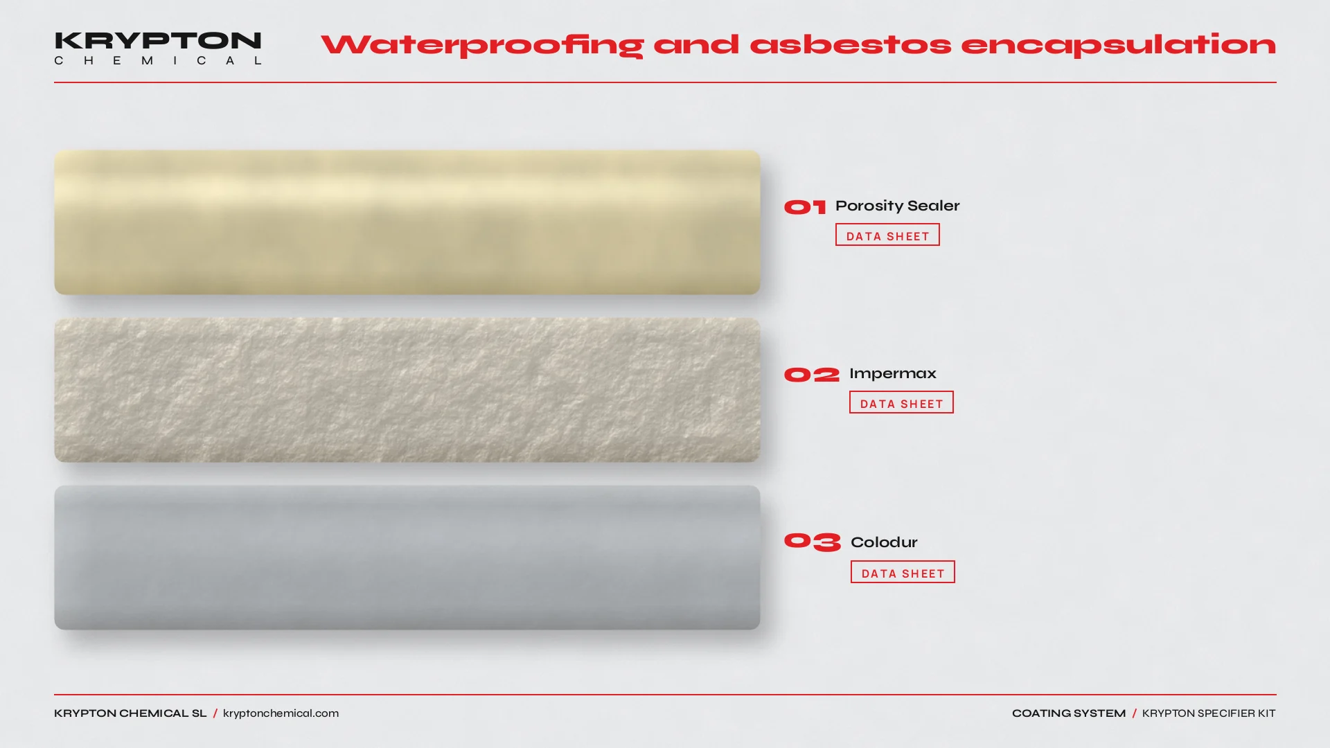 Krypton specifier kit, Waterproofing and asbestos encapsulation: Porosity Sealer, Impermax, Colodur