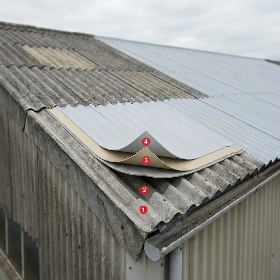 Asbestos encapsulation layers: fibre-cement sheet, Porosity Sealer, Impermax, Colodur