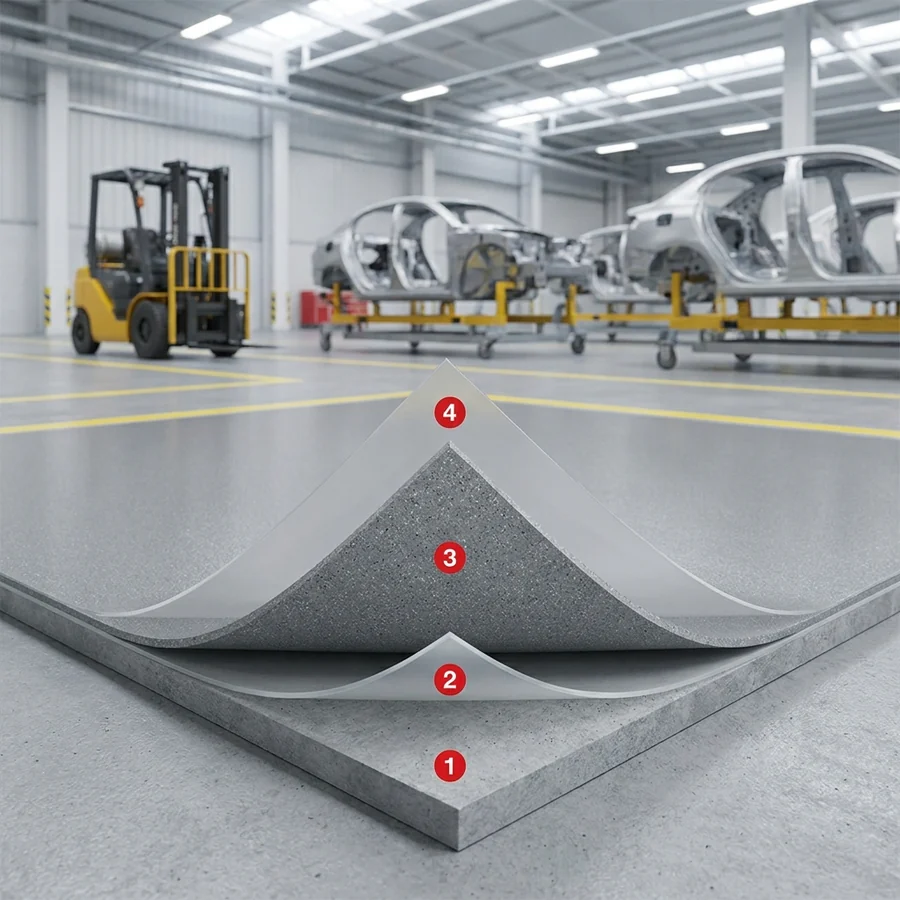 Automotive flooring layers: concrete slab, Humidity Primer, Pavifloor, Floortop 1K