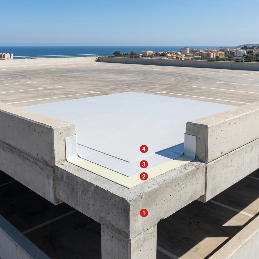 Car park roofs coating layers: Concrete deck / slab, Primer Epoxy Plus, Impermax Polyurea H Flex, Colodur