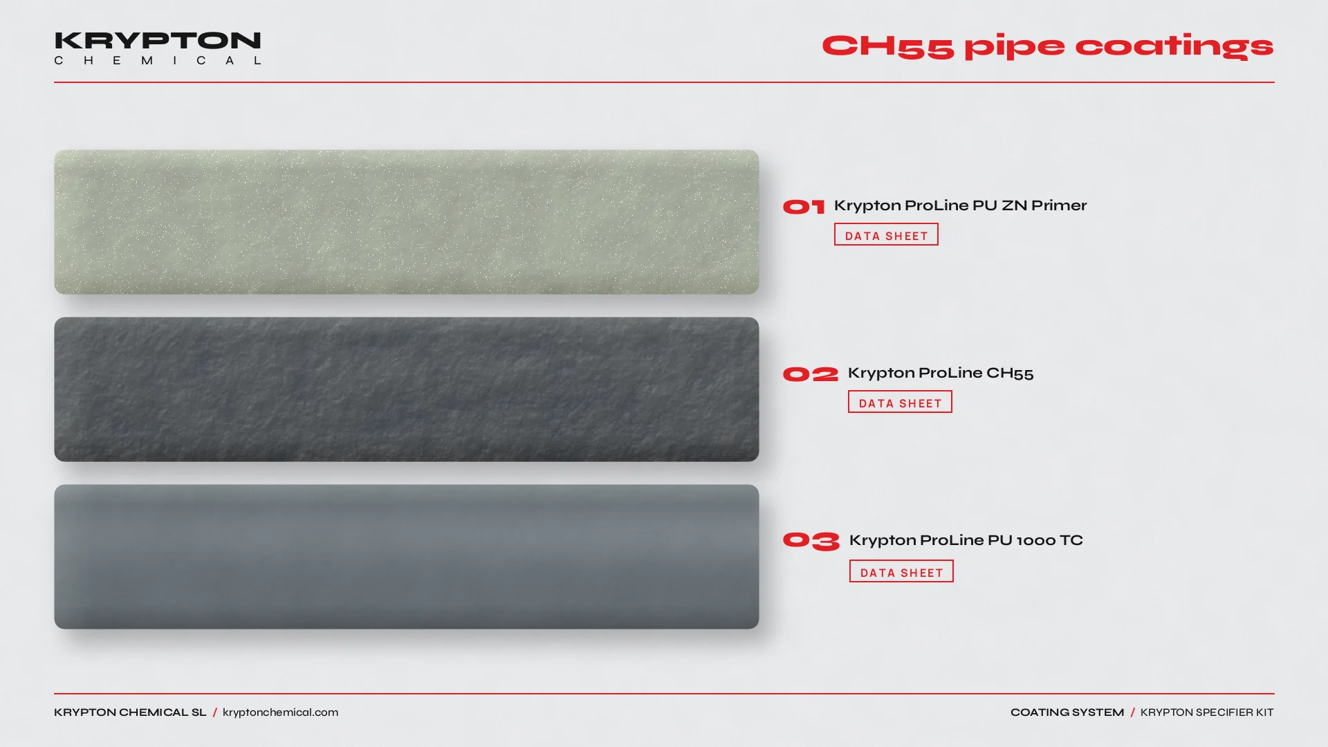 Krypton specifier kit, CH55 pipe coatings: Krypton ProLine PU ZN Primer, Krypton ProLine CH55, Krypton ProLine PU 1000 TC