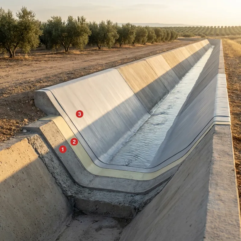 Water channels and irrigation ditches coating layers: Concrete deck / slab, Porosity Sealer, Impermax A