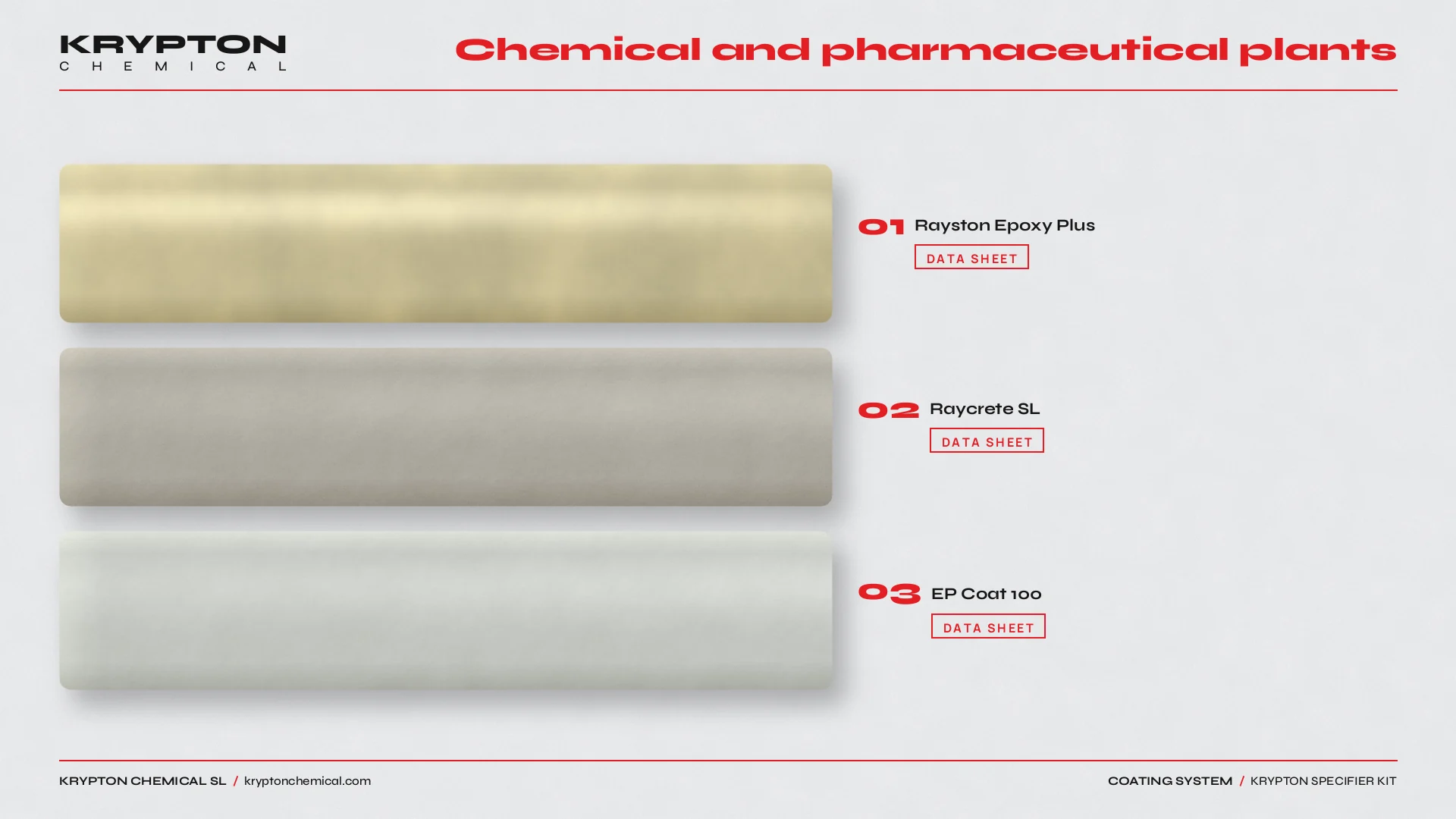 Krypton specifier kit, Chemical and pharmaceutical plants: Rayston Epoxy Plus, Raycrete SL, EP Coat 100