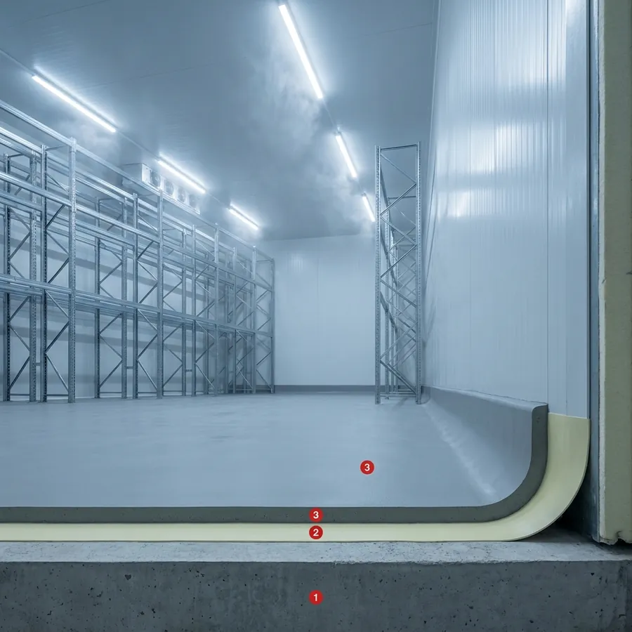 Cold-store flooring coating layers: Concrete floor slab, Humidity Primer, Raycrete SL