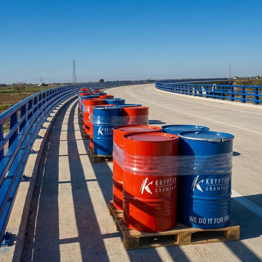 Red and blue Krypton Chemical drums staged on the Colmenar M-40 bridge deck during Impermax Polyurea H Flex waterproofing