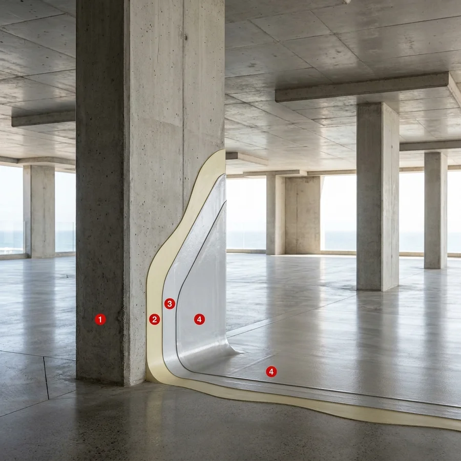 Protection of concrete from carbonation coating layers: Concrete deck / slab, Primer Epoxy 100, Polyurea Rayston, Colodur
