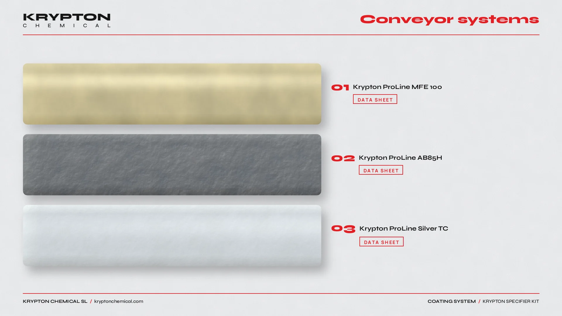 Krypton specifier kit, Conveyor systems: Krypton ProLine MFE 100, Krypton ProLine AB85H, Krypton ProLine Silver TC