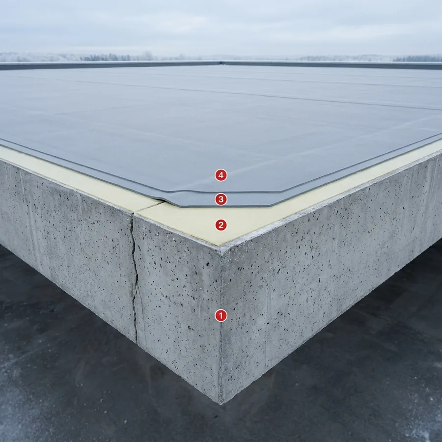 Cold-weather cutaway of a cracked concrete slab with primer, grey crack-bridging membrane and topcoat remaining continuous over the crack
