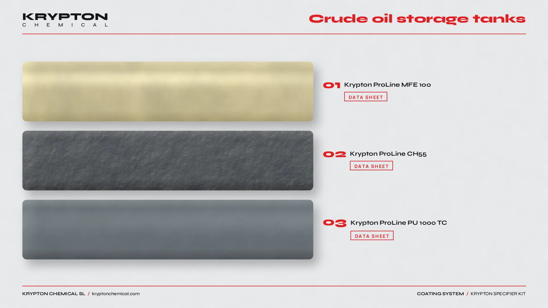 Krypton specifier kit, Crude oil storage tanks: Krypton ProLine MFE 100, Krypton ProLine CH55, Krypton ProLine PU 1000 TC