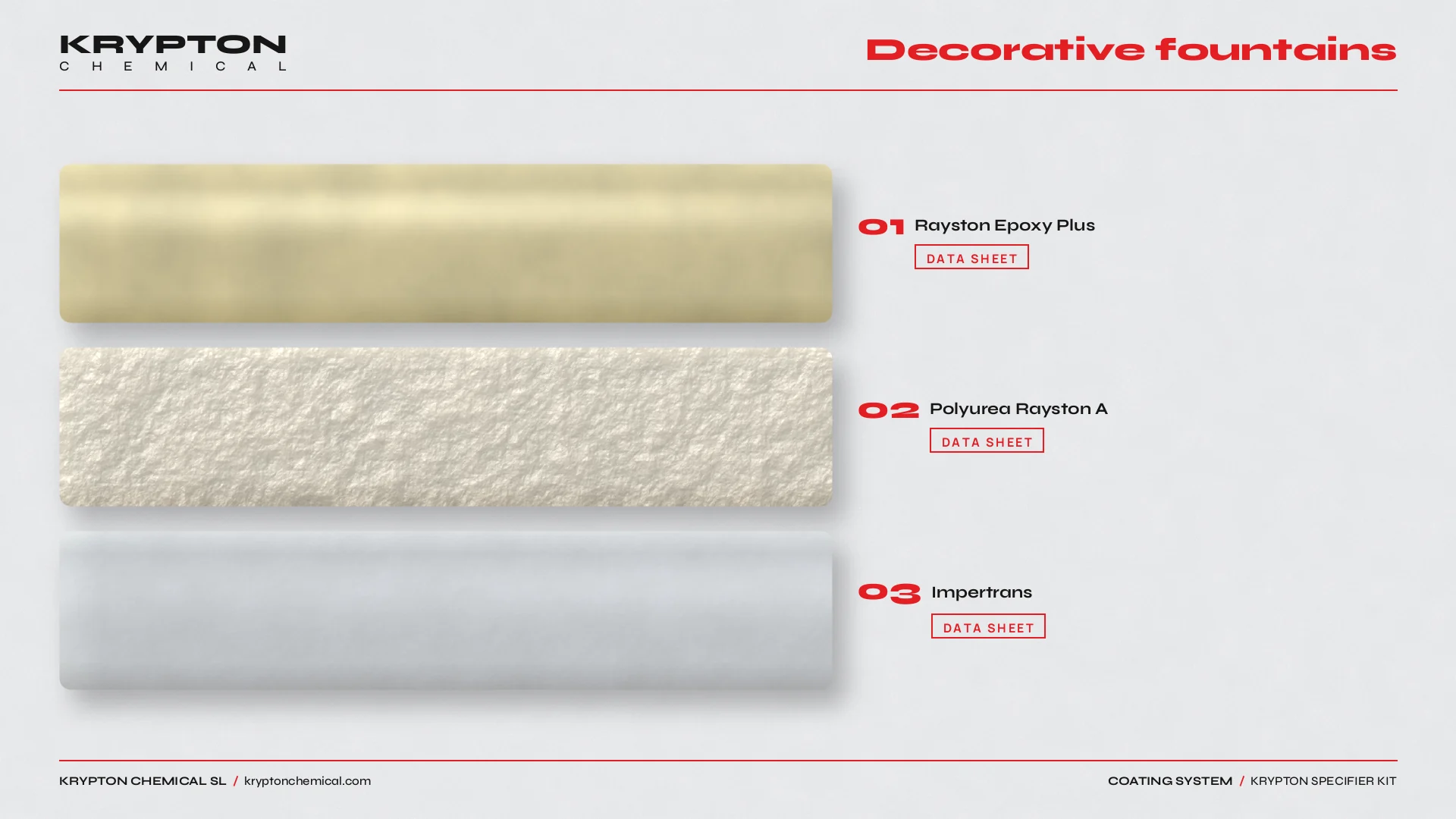 Krypton specifier kit, Fuentes decorativas: Rayston Epoxi Plus, Poliurea Rayston A, Impertrans
