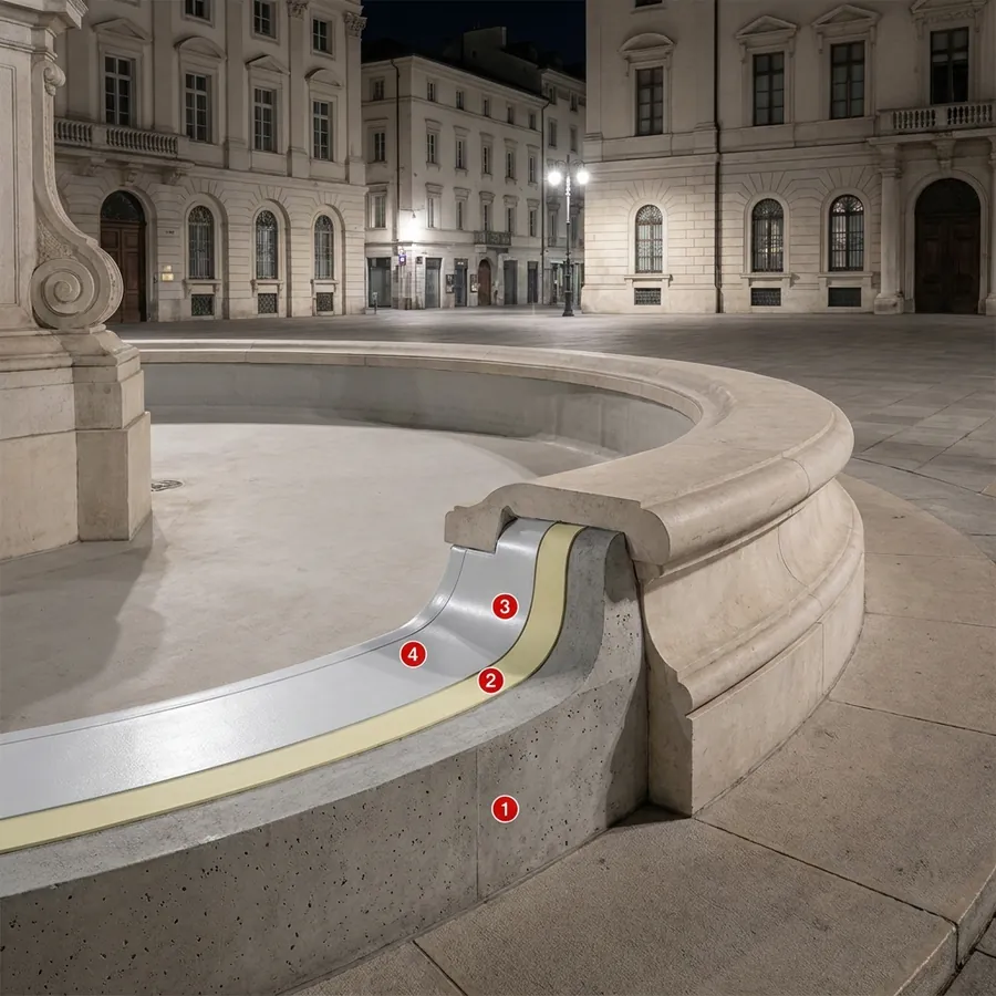 Decorative fountains coating layers: Concrete pool shell, Primer Epoxy Plus, Polyurea Rayston A, Impertrans
