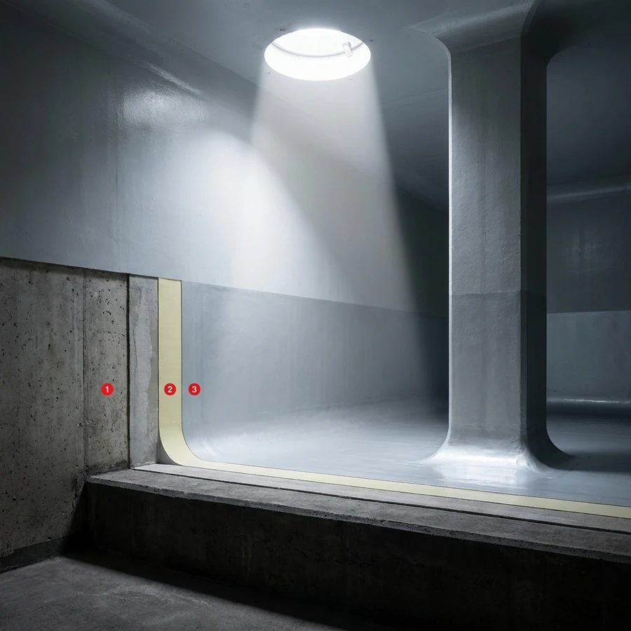 Drinking water reservoirs coating layers: Concrete tank wall, Primer Epoxy 100, Polyurea Rayston