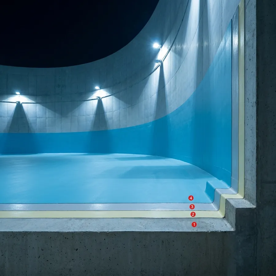 Fire-water tanks coating layers: Concrete tank wall, Primer Epoxy Plus, Polyurea Rayston, Paintchlore