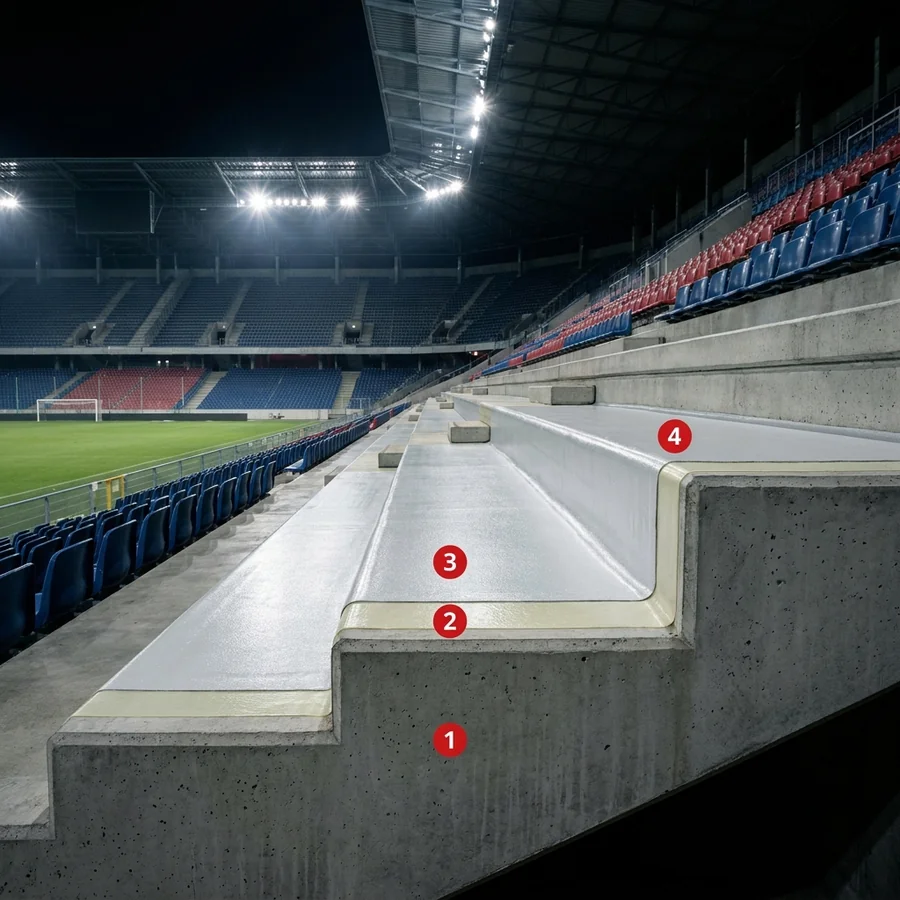 Football stadium stands coating layers: Concrete deck / slab, Primer Epoxy Plus, Rayston Fire E, Colodur
