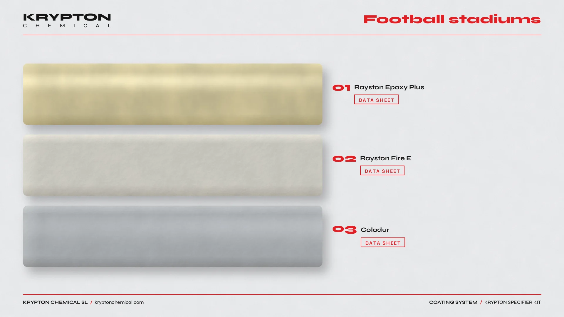Krypton specifier kit, Football stadiums: Rayston Epoxy Plus, Rayston Fire E, Colodur