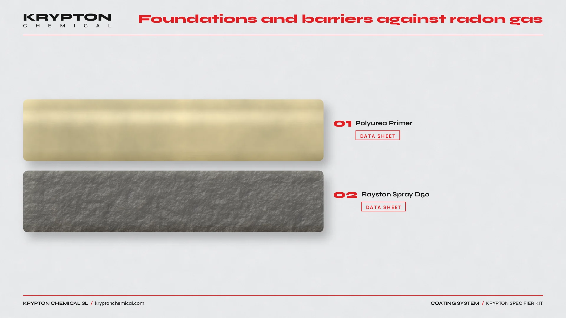 Krypton specifier kit, Foundations and barriers against radon gas: Polyurea Primer, Rayston Spray D50