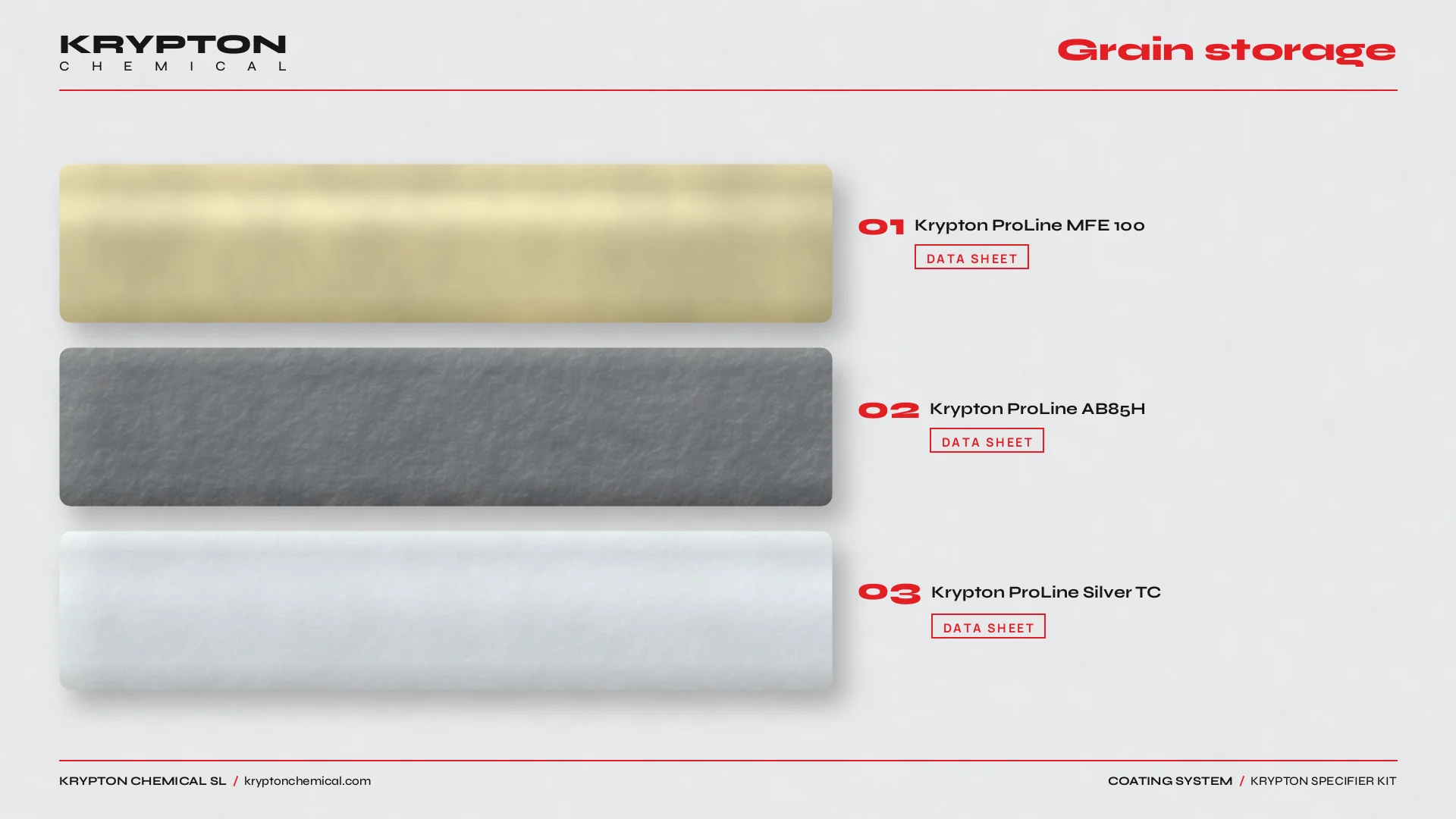 Krypton specifier kit, Almacenamiento de grano: Krypton ProLine MFE 100, Krypton ProLine AB85H, Krypton ProLine Silver TC