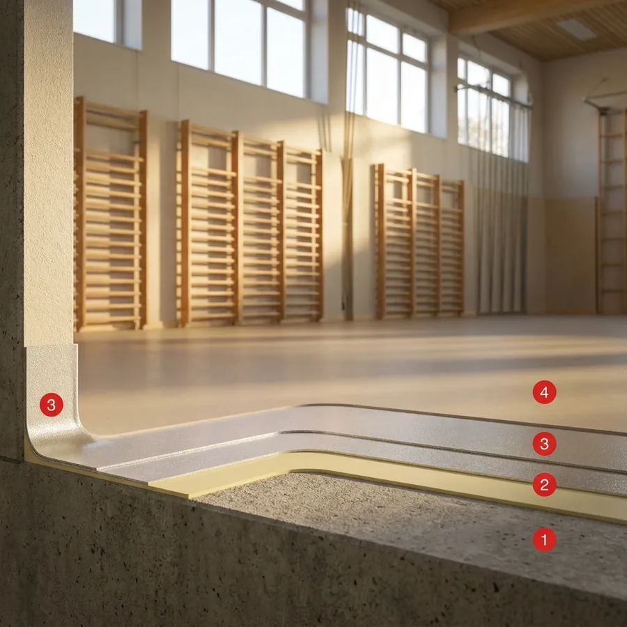 Gymnasium flooring coating layers: Concrete floor slab, Primer Epoxy 100, Pavisoft, Colodur Eco