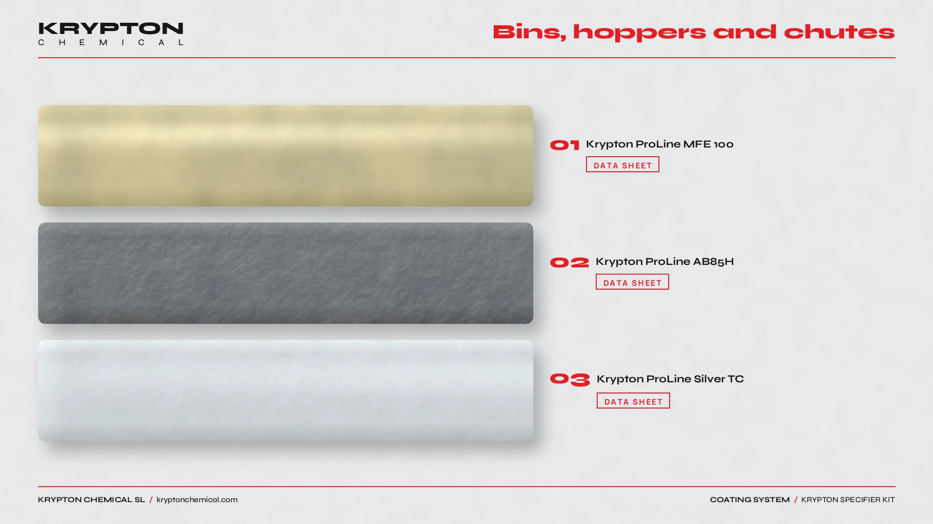 Krypton specifier kit, Bins, hoppers and chutes: Krypton ProLine MFE 100, Krypton ProLine AB85H, Krypton ProLine Silver TC