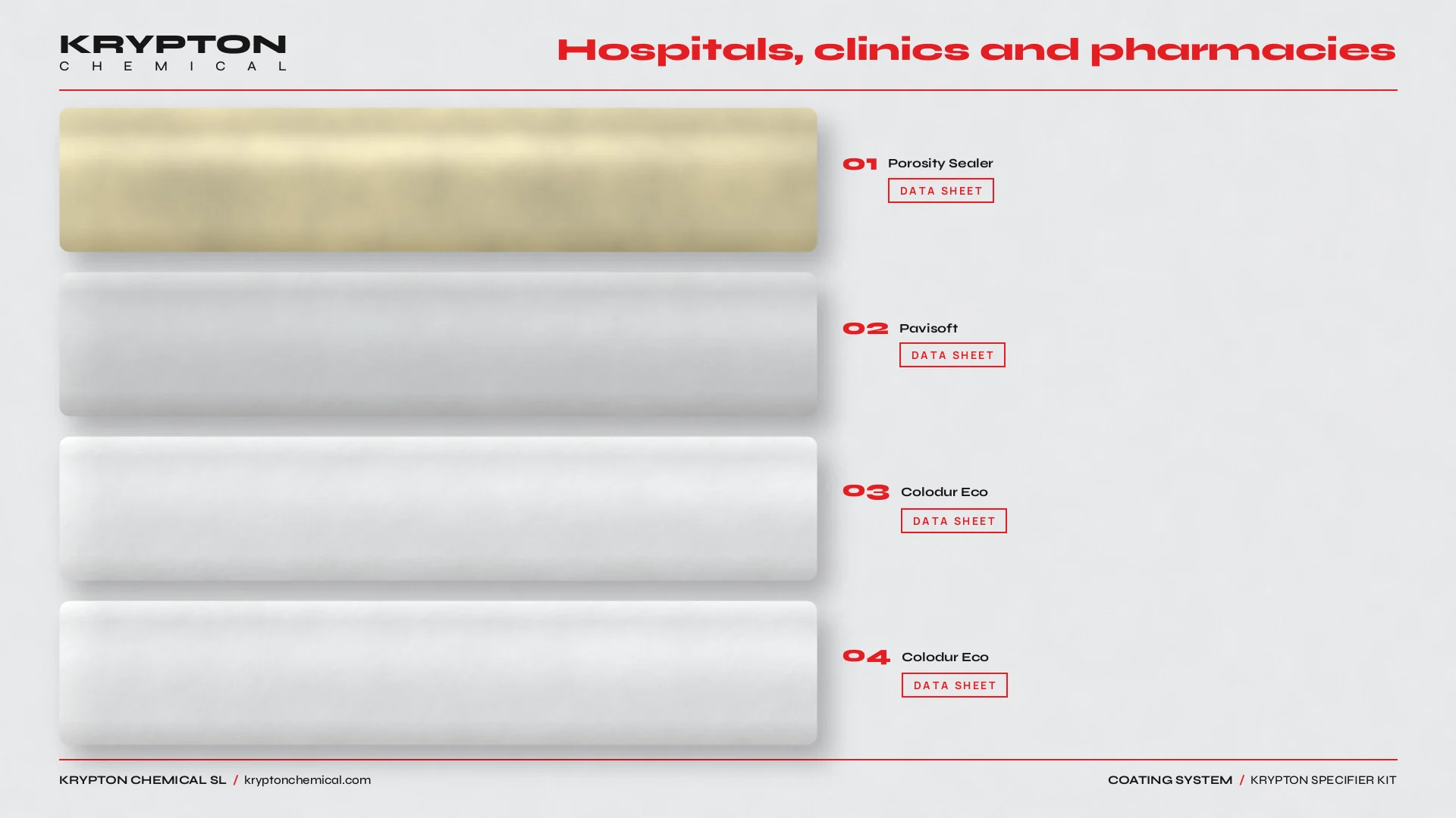 Krypton specifier kit, Hospitals, clinics and pharmacies: Porosity Sealer, Pavisoft, Colodur Eco, Colodur Eco