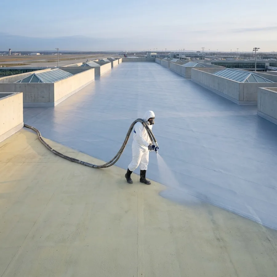 Worker in a white suit hot-spraying a light-blue polyurea membrane on a large rooftop with two heated hoses
