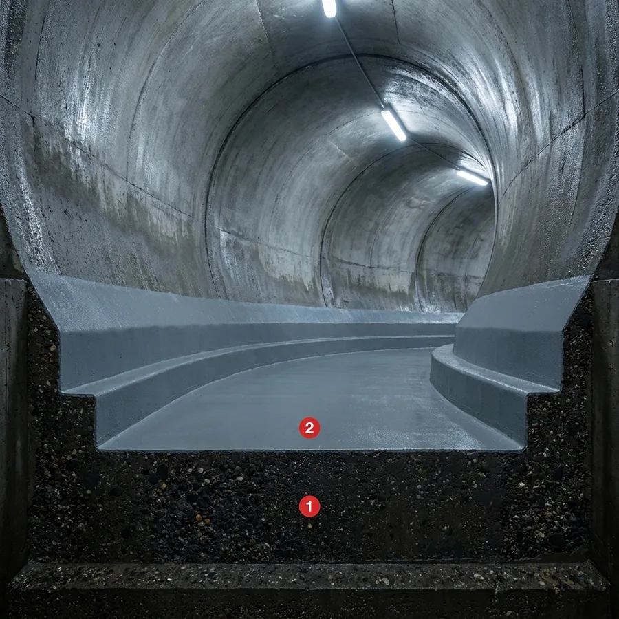 Circular sewer tunnel with Impermax EP lining in the invert: concrete substrate and a smooth light-grey coating