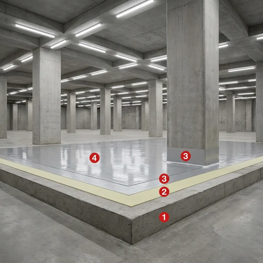 Indoor parking coating layers: Concrete floor slab, Humidity Primer, Rayston Floor D40 FR, Kryptanate 100