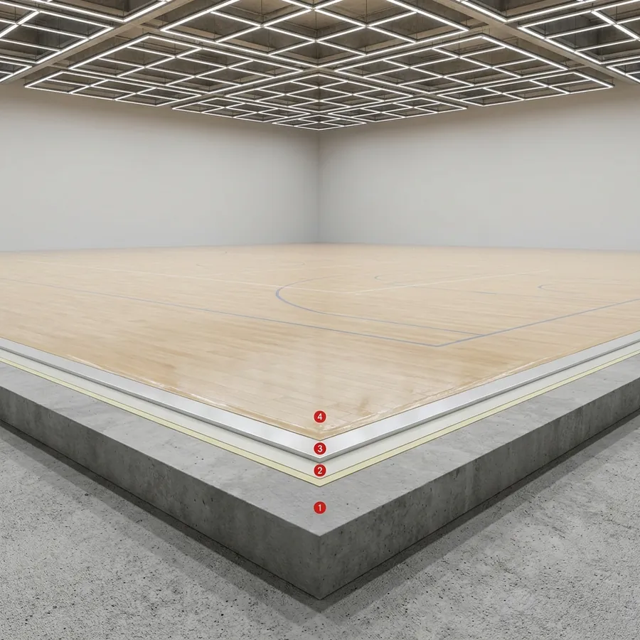 Indoor sports courts coating layers: Concrete floor slab, Porosity Sealer, Kryptanate 100, Colodur Eco