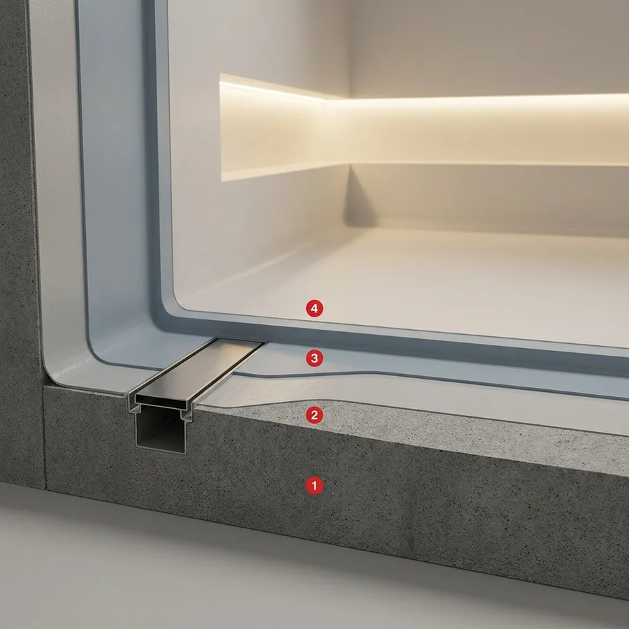 Indoor wet-room cutaway with Impermax Aqua 2K: concrete, primer, blue membrane into a linear drain, and white finish