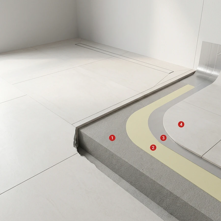 Indoor wet rooms coating layers: Cementitious wet-room screed, Primer Epoxy 100, Impermax Aqua, Porcelain tiles