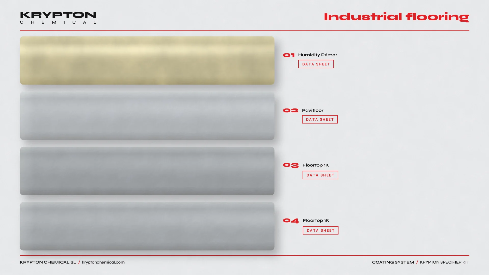 Krypton specifier kit, Industrial flooring: Humidity Primer, Pavifloor, Floortop 1K, Floortop 1K
