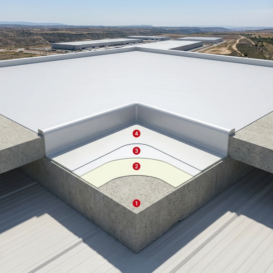 Industrial roofs with expansive polyurea coating layers: Concrete deck / slab, Primer Epoxy 100, Polyurea Rayston X5, Colodur