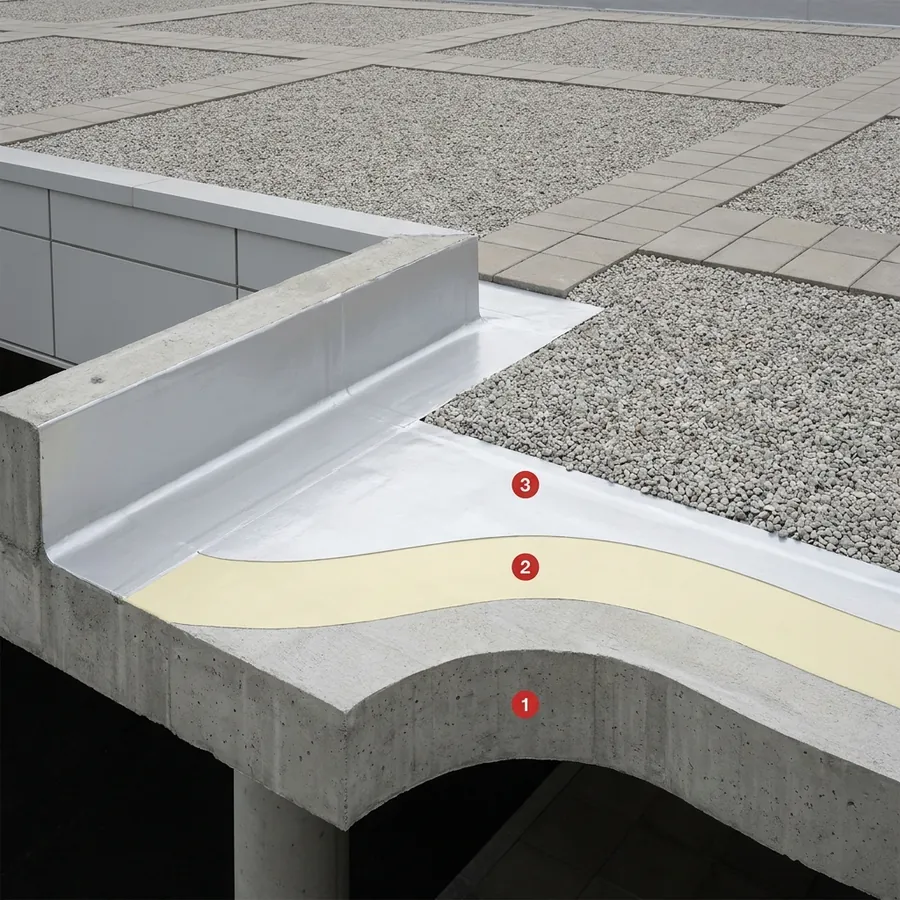 Inverted roofs coating layers: Concrete deck / slab, Humidity Primer, Impermax