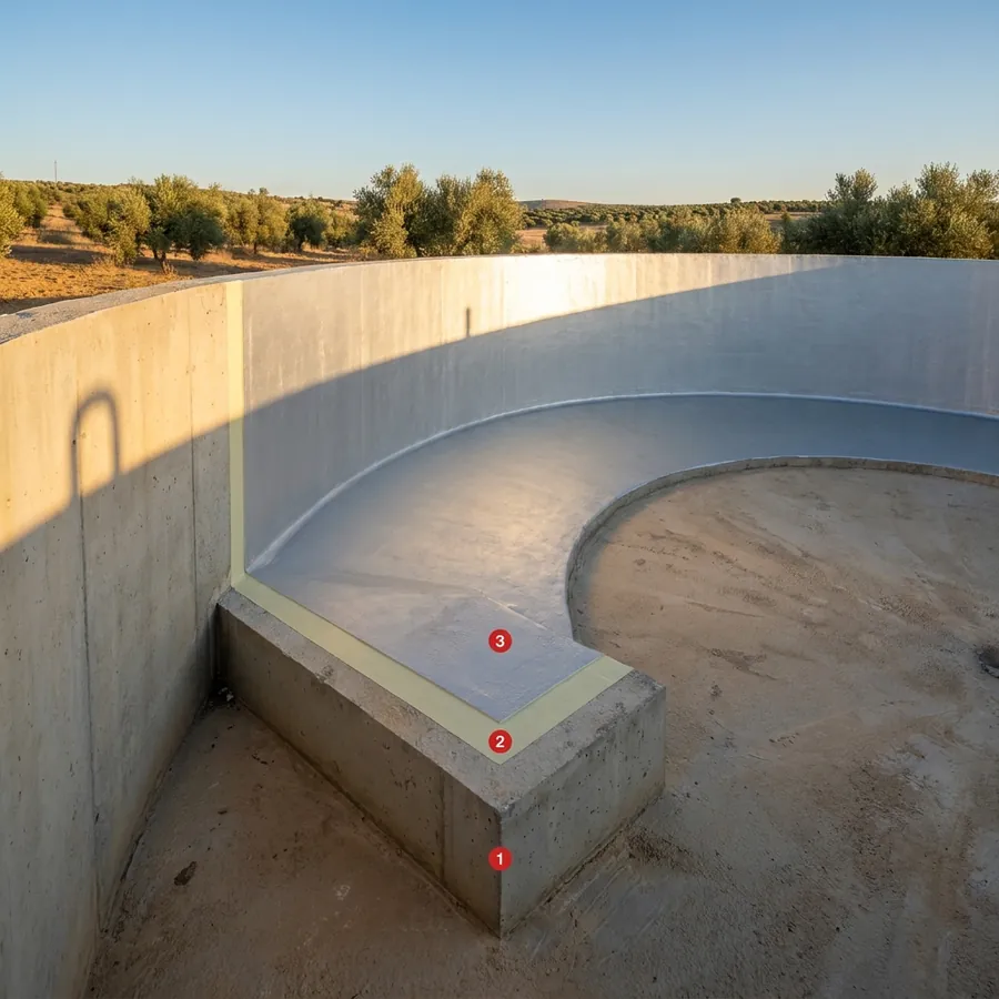 Irrigation cisterns coating layers: Concrete tank wall, Primer Epoxy Plus, Polyurea Rayston
