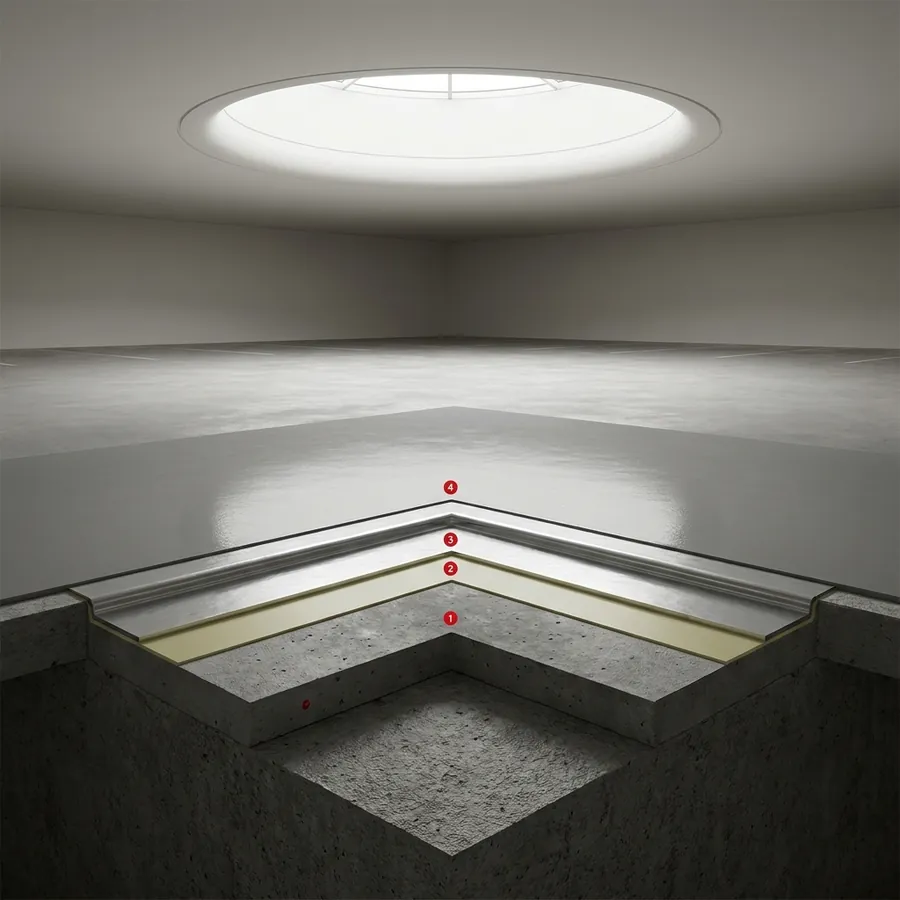 Kryptanate M parking coating layers: Concrete floor slab, Primer Epoxy Plus, Rayston Floor D50 FR, Kryptanate M