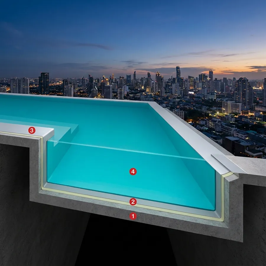 Lightweight rooftop pools coating layers: Concrete pool shell, Primer Epoxy Plus, Polyurea Rayston A, Paintchlore 2K