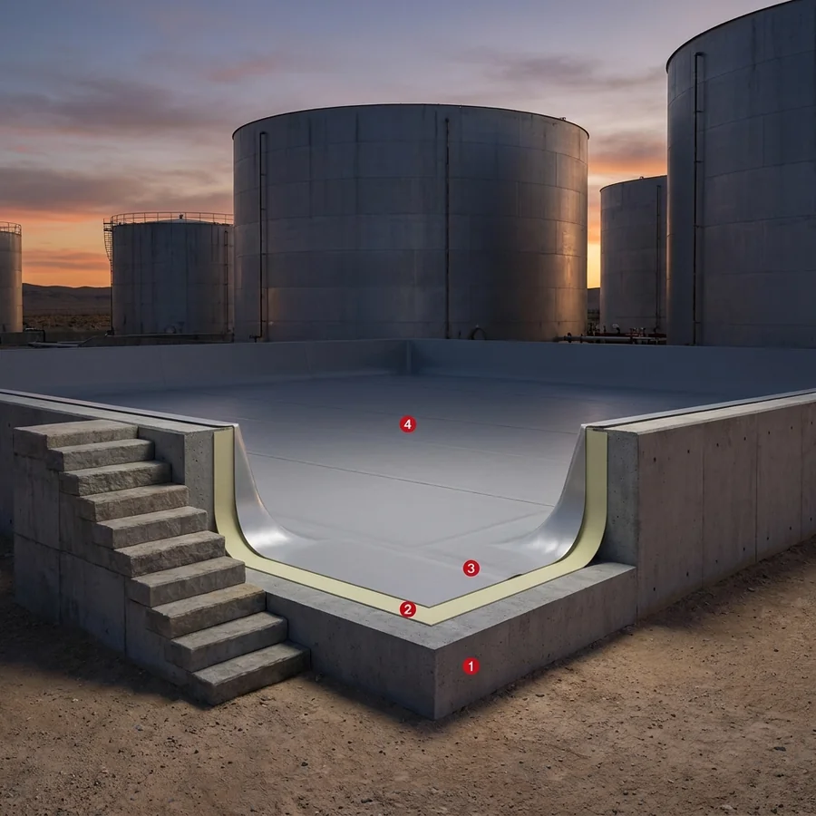 Primary and secondary containment of liquids coating layers: Concrete deck / slab, Krypton ProLine PU AL Primer, Krypton ProLine CH55, Krypton ProLine PU 1000TC
