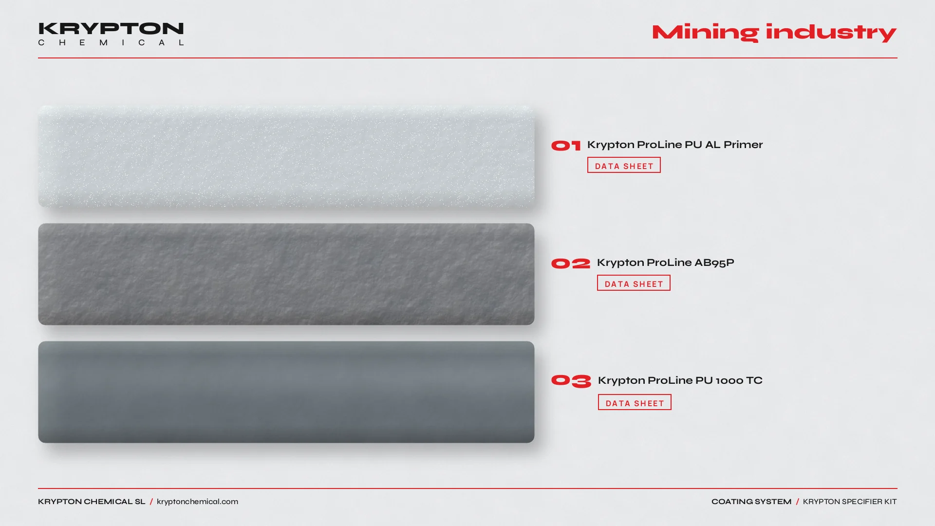 Krypton specifier kit, Mining industry: Krypton ProLine PU AL Primer, Krypton ProLine AB95P, Krypton ProLine PU 1000 TC