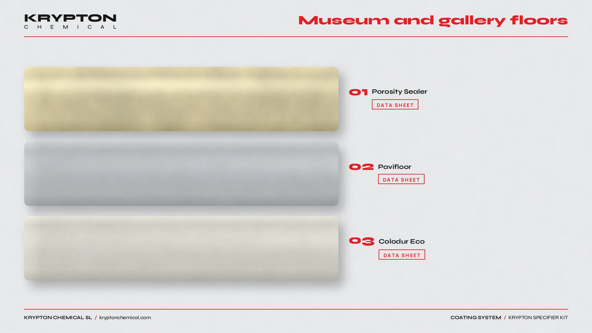 Krypton specifier kit, Museum and gallery floors: Porosity Sealer, Pavifloor, Colodur Eco