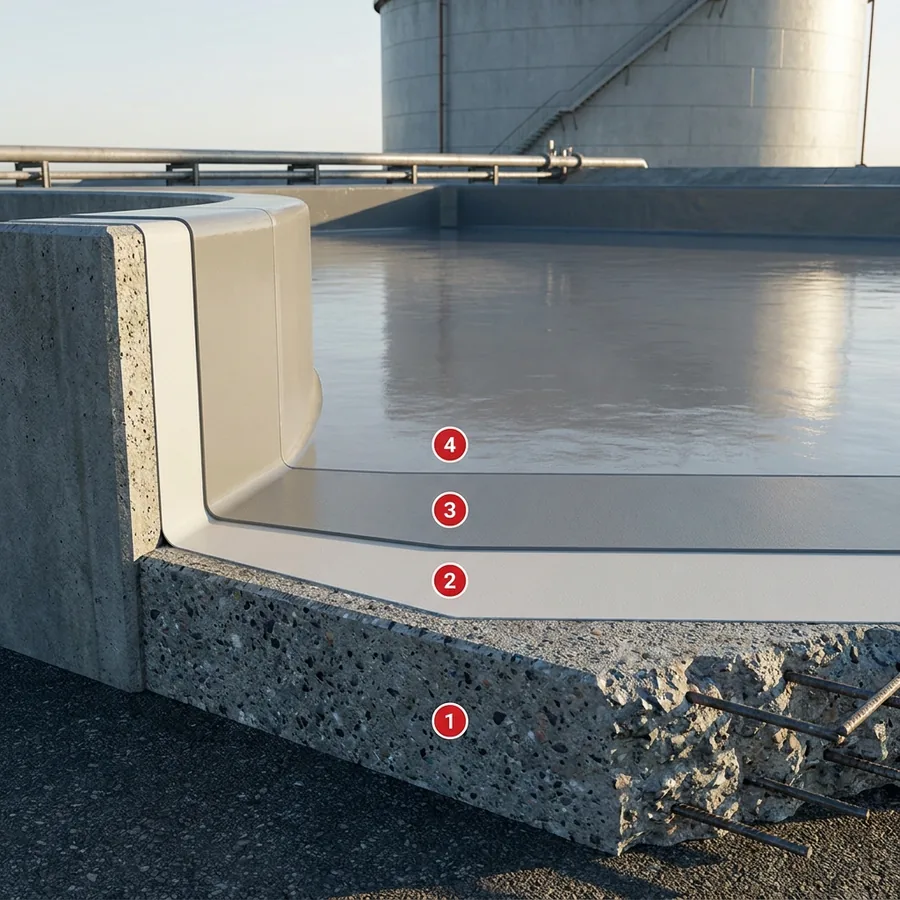 Secondary containment bund with ProLine layers numbered 1 to 4 over concrete, tank and pipes in the background