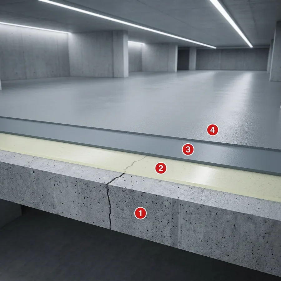 Cutaway of OS10 car-park flooring over cracked concrete: cream primer, grey intermediate and textured grey topcoat in an underground garage