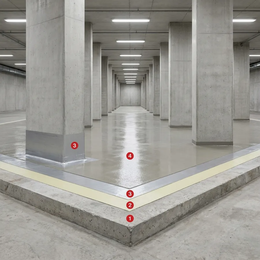 OS 10 car park coating layers: Concrete floor slab, Humidity Primer, Rayston Floor D50 FR, Kryptanate 100