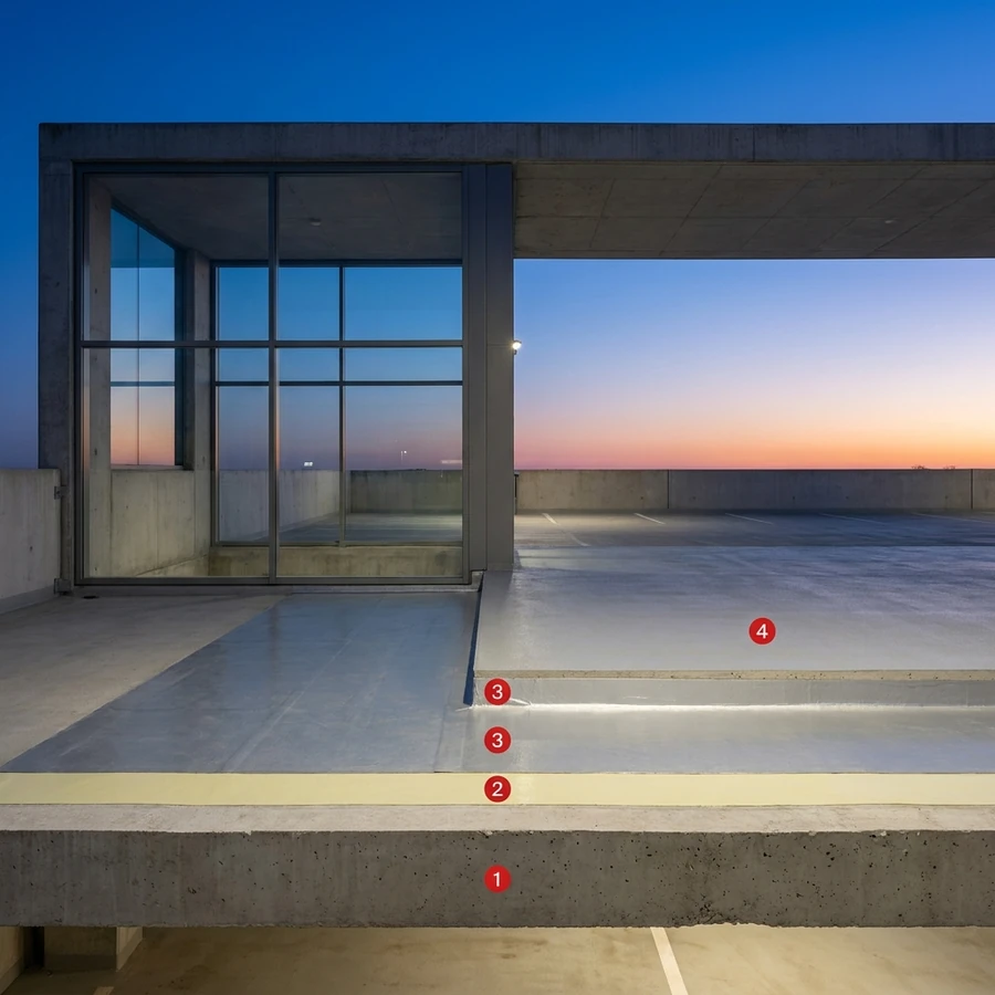 Outdoor parking coating layers: Concrete floor slab, Humidity Primer, Rayston Floor D50 FR, Colodur