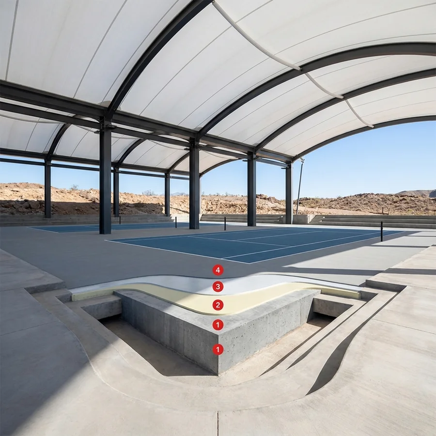 Outdoor sports courts coating layers: Concrete floor slab, Porosity Sealer, Kryptanate 100, Colodur Eco