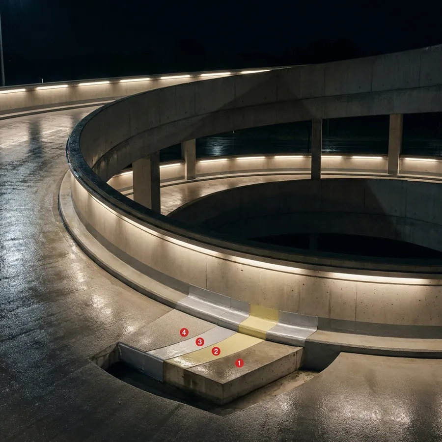 Parking ramps coating layers: Concrete floor slab, Primer Epoxy Plus, Rayston Floor D50 FR, Floortop 1K